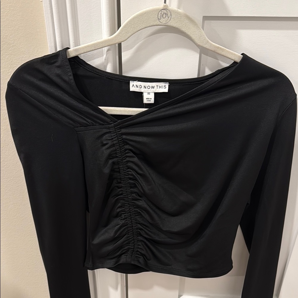 NWOT Black Ruched Asymmetrical Long Sleeve Blouse